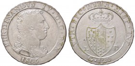 ZECCHE ITALIANE - NAPOLI - Ferdinando IV di Borbone (secondo periodo, 1799-1805) - Piastra 1805 Gig. 71a RRRR (AG g. 27,21)HEER anziché HIER
bel BB
