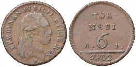 ZECCHE ITALIANE - NAPOLI - Ferdinando IV di Borbone (secondo periodo, 1799-1805) - 6 Tornesi 1802 P.R. 16; Mont. 376/380 R (CU g. 18,03)
bel BB