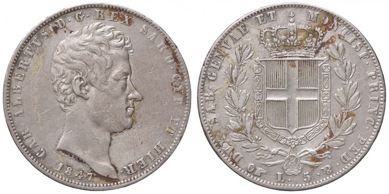SAVOIA - Carlo Alberto (1831-1849) - 5 Lire 1847 T Pag. 262; Mont. 136 RR AG Oss...