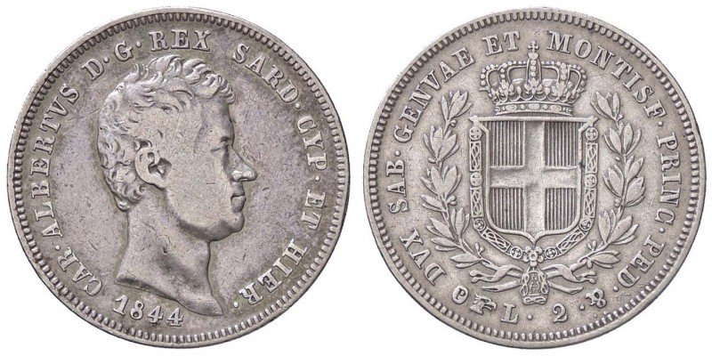 SAVOIA - Carlo Alberto (1831-1849) - 2 Lire 1844 T Mont. 155a RRR AG 4 ribattuto...