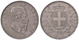 SAVOIA - Vittorio Emanuele II Re d'Italia (1861-1878) - 5 Lire 1865 T Pag. 487; Mont. 167 R AG Delicata patina
qFDC