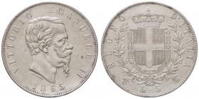 SAVOIA - Vittorio Emanuele II Re d'Italia (1861-1878) - 5 Lire 1865 T Pag. 487; Mont. 167 R AG Colpetto e minimi segnetti
qSPL/SPL