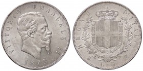 SAVOIA - Vittorio Emanuele II Re d'Italia (1861-1878) - 5 Lire 1873 M Pag. 496; Mont. 180 AG Lieve debolezza di conio al bordo sotto la L
qFDC