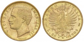 SAVOIA - Vittorio Emanuele III (1900-1943) - 20 Lire 1905 Aquila Pag. 664; Mont. 46 R (AU g. 6,45) Colpetto
qFDC