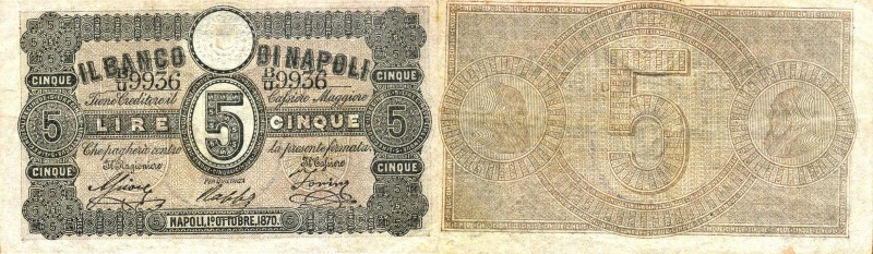 CARTAMONETA - NAPOLI - Fedi di Credito Biglietti - 5 Lire 01/10/1870 Gav. 86 RRR...