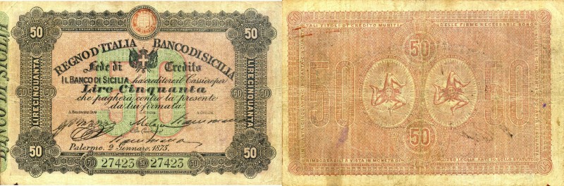 CARTAMONETA - SICILIA - Banco di Sicilia - Fedi di Credito - 50 Lire 02/01/1875 ...