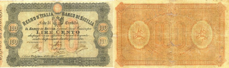 CARTAMONETA - SICILIA - Banco di Sicilia - Fedi di Credito - 100 Lire 27/04/1870...