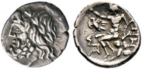 Griechische Münzen. Arkadia. Megalopolis 
Triobol ca. 234-146 v. Chr. Belorbeerter Zeuskopf nach links / Nackter Pan nach links auf Felsen sitzend, u...