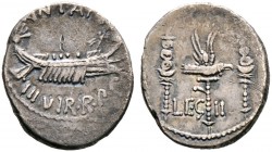 Römische Münzen. Imperatorische Prägungen. Marcus Antonius † 30 v. Chr. 
Denar 32-31 v. Chr. -Heeresmünzstätte in Ägypten-. Kriegs­galeere mit Zepter...