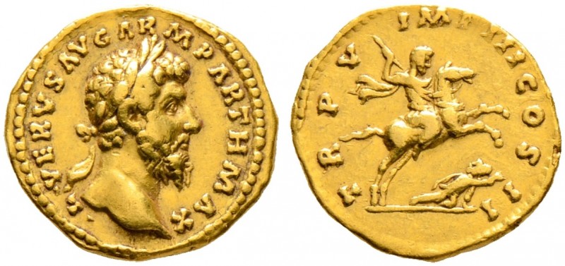 Römische Münzen. Kaiserzeit. Lucius Verus 161-169 
Aureus 165 -Rom-. L VERVS AV...