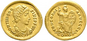 Römische Münzen. Kaiserzeit. Theodosius I. 379-395 
Solidus 383/388 -Constantinopolis-. 5. Offizin. D N THEODOSIVS P F AVG. Drapiertes Brustbild mit ...