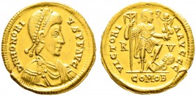 Römische Münzen. Kaiserzeit. Honorius 393-423 
Solidus 402/406 -Ravenna-. Ein zweites Exemplar. RIC 1287. 4,48 g
Schrötlingsriss am Rand, sonst vorz...