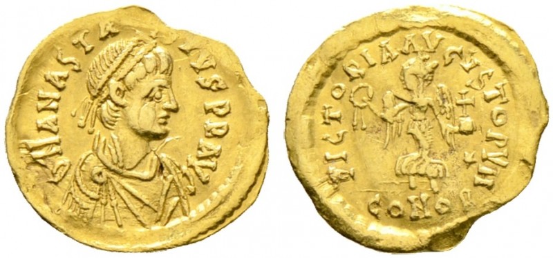 Byzantinische Münzen. Anastasius I. 491-518 
Tremissis -Constantinopolis-. Drap...