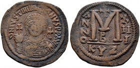 Byzantinische Münzen. Justinianus I. 527-565 
Follis 539/540 (Jahr XIII) -Kyzikos-. Offizin B. MIB 120a, Sommer 4.72.1. 21,86 g
sehr schön