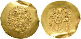 Byzantinische Münzen. Manuel I. Komnenos 1143-1180 
Hyperpyron -Constantinopolis-. Christusbüste mit Kreuznimbus zwischen IC-XC von vorn, die Rechte ...