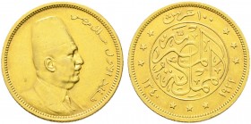 Ausländische Münzen und Medaillen. Ägypten. Fuad I. 1922-1936 AD/1341-1355 AH 
100 Piastres 1922 (AH 1340). Ein zweites Exemplar. KM 341, Fr. 103. 8,...