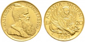 Ausländische Münzen und Medaillen. Albanien. Ahmed Zogu 1925-1928, als Präsident 
20 Franken 1927 -Wien-. Skanderbeg. KM 12, Fr. 6, Schl. 19. 6,48 g...