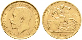 Ausländische Münzen und Medaillen. Australien. Georg V. 1910-1936 
1/2 Pound (= 1/2 Sovereign) 1914 -Sydney-. Spink 4009, Fr. 41, Schl. 647. 4,01 g
...
