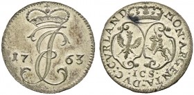 Ausländische Münzen und Medaillen. Baltikum-Kurland. Ernst Johann Biron 1737-1740, 1762-1769 
Groschen 1763 -Mitau-. Mit Monogramm. Kruggel/Gerbasevs...