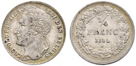 Ausländische Münzen und Medaillen. Belgien-Königreich. Leopold I. 1830-1865 
1/4 Franc 1844. KM 8, de Mey 525.
selten in dieser Erhaltung, leichte T...