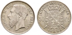 Ausländische Münzen und Medaillen. Belgien-Königreich. Leopold II. 1865-1909 
50 Centimes 1886. Französische Legende. KM 26.
feine Patina, vorzüglic...