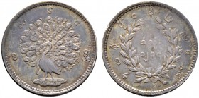 Ausländische Münzen und Medaillen. Burma (Myanmar). Pagan CS 1207-1214/ 1846-1853 AD 
Mat 1852 (= Chula-Sakarat 1214). Pfau / Schrift. KM 8.
selten,...