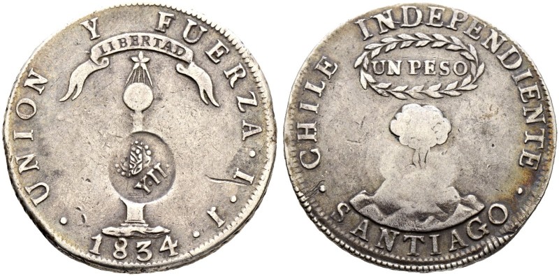 Ausländische Münzen und Medaillen. Chile. Republik 
Peso 1834 -Santiago-. Mit G...