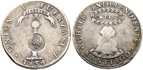 Ausländische Münzen und Medaillen. Chile. Republik 
Peso 1834 -Santiago-. Mit Gegenstempel "Gekröntes Y.II" (für Isabella II.) von den PHILIPPINEN (1...