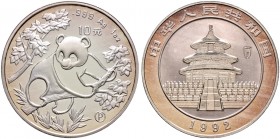 Ausländische Münzen und Medaillen. China-Volksrepublik. 
10 Yuan (1 Unze Silber) 1992. Panda auf Baum. Mit Beizeichen P auf dem Avers sowie Privy Mar...