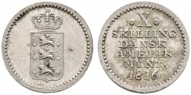 Ausländische Münzen und Medaillen. Dänisch-Westindien. 
10 Skilling 1816. KM 14, Sieg 12.1.
selten in dieser Erhaltung, Prachtexemplar, vorzüglich-S...
