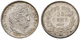 Ausländische Münzen und Medaillen. Frankreich-Königreich. Louis Philippe 1830-1848 
25 Centimes 1847 -Paris-. Gad. 357.
Prachtexemplar mit leichter ...