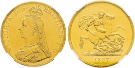 Ausländische Münzen und Medaillen. Großbritannien. Victoria 1837-1901 
5 Pounds 1887. Jubilee coinage. Spink 3864, Fr. 390, Schl. 339. 40,12 g. In Pl...