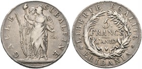 Ausländische Münzen und Medaillen. Italien-Subalpine Republik. 
5 Francs L'AN 10 (1801) -Turin-. Pagani 6, Dav. 197.
feine Patina, minimale Randfehl...