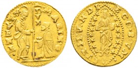 Ausländische Münzen und Medaillen. Italien-Venedig. Marino Grimani 1595-1605 
Mezzo (1/2) Zecchino o.J. Paol. p. 77/2, Fr. 1275. 1,75 g
selten, sehr...