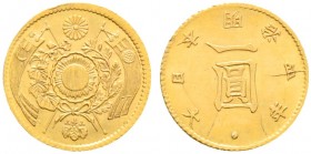 Ausländische Münzen und Medaillen. Japan. Mutsuhito - Periode Meiji 1867-1912 
1 Yen in Gold 1871 (= Meiji 4) -Osaka-. Jac.-Verm. (Jap. Coinage) P1, ...