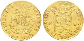 Ausländische Münzen und Medaillen. Niederlande-Holland. 
Goldabschlag vom Scheepjesschelling zu 2 Dukaten 1748. Segelschiff / Gekrönter Wappenschild ...