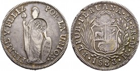 Ausländische Münzen und Medaillen. Peru. Republik 
8 Reales 1833 -Lima-. Mit GEGENSTEMPEL "Gekröntes F.7.0" (für Ferdinand VII.) von den PHILIPPINEN ...
