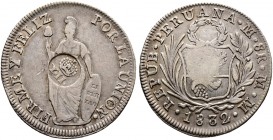 Ausländische Münzen und Medaillen. Peru. Republik 
8 Reales 1832 -Lima-. Mit GEGENSTEMPEL "Gekröntes Y.II." (für Isabella II.) von den PHILIPPINEN (1...