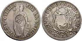 Ausländische Münzen und Medaillen. Peru. Republik 
8 Reales 1833 -Lima-. Mit GEGENSTEMPEL "Gekröntes Y.II." (für Isabella II.) von den PHILIPPINEN (1...