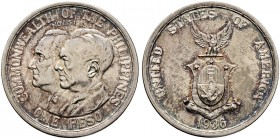 Ausländische Münzen und Medaillen. Philippinen. 
Peso 1936 -Manila-. Commonwealth, Roosevelt-Quezano. KM 177. Auflage: 10.000 Exemplare
selten, fein...
