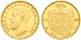 Ausländische Münzen und Medaillen. Rumänien. Carol I. von Hohenzollern-Sigmaringen 1866-1914 
20 Lei 1883 -Bukarest-. Schäffer/Stambuliu 30, Fr. 3, S...