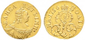 Ausländische Münzen und Medaillen. Russland. Elisabeth I. Petrowna 1741-1761 
1/2 Gold-Rubel (= Poltina) 1756 -Moskau, Roter Münzhof-. Gekröntes Brus...