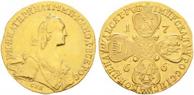 Ausländische Münzen und Medaillen. Russland. Katharina II. 1762-1796 
10 Rubel 1766 -St. Petersburg-. Gekröntes Brustbild nach rechts / Vier gekrönte...