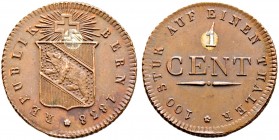 Ausländische Münzen und Medaillen. Schweiz-Bern. 
1 Cent-PROBE 1839. Kupfer mit Silberstift. Strahlendes Kreuz über Berner Schild / Wertzahl mit Umsc...