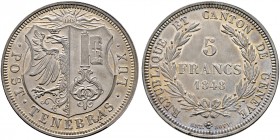 Ausländische Münzen und Medaillen. Schweiz-Genf. 
5 Francs 1848. DT 280, HMZ 2-364a, Demole 707, Dav. 375. Auflage: 1.176 Exemplare
seltenes Prachte...