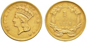 Ausländische Münzen und Medaillen. USA. 
Golddollar 1856 -Philadelphia-. Indian Head Type III. KM 86, Fr. 94. 1,67 g
gutes sehr schön