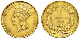 Ausländische Münzen und Medaillen. USA. 
Golddollar 1862 -Philadelphia-. Indian Head Type III. KM 86, Fr. 94. 1,67 g
sauber gestopftes Loch, minimal...