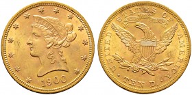 Ausländische Münzen und Medaillen. USA. 
10 Dollars 1900 -Philadelphia-. Liberty Head. KM 102, Fr. 158. 16,75 g
attraktives Exemplar, gutes vorzügli...