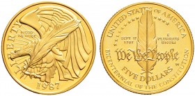 Ausländische Münzen und Medaillen. USA. 
5 Dollars 1987. Constitution Bicentennial. KM 221, Fr. 198. 7,70 g Feingold (917er).
Polierte Platte