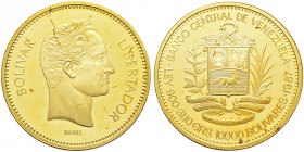 Ausländische Münzen und Medaillen. Venezuela. Republik 
10.000 Bolivares 1987. Simon Bolivar. Y. 61, Fr. 11. 28,0 g Feingold.
Polierte Platte